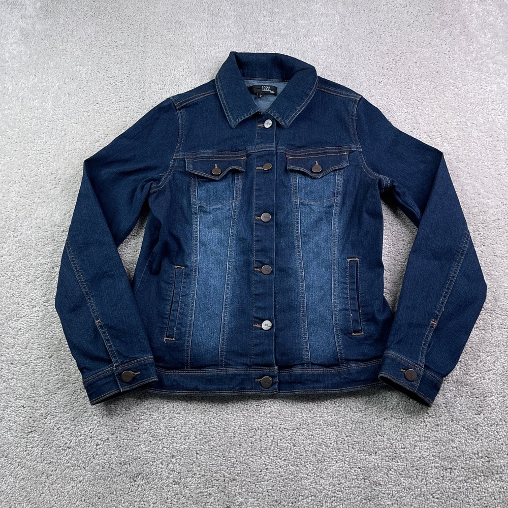 1822 Denim Jacket Womens Medium Blue Classic Trucker Dark Wash Stretch Outerwear